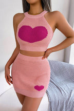 Heart Contrast Ribbed Sleeveless Knit Top and Skirt Set - Delanoir