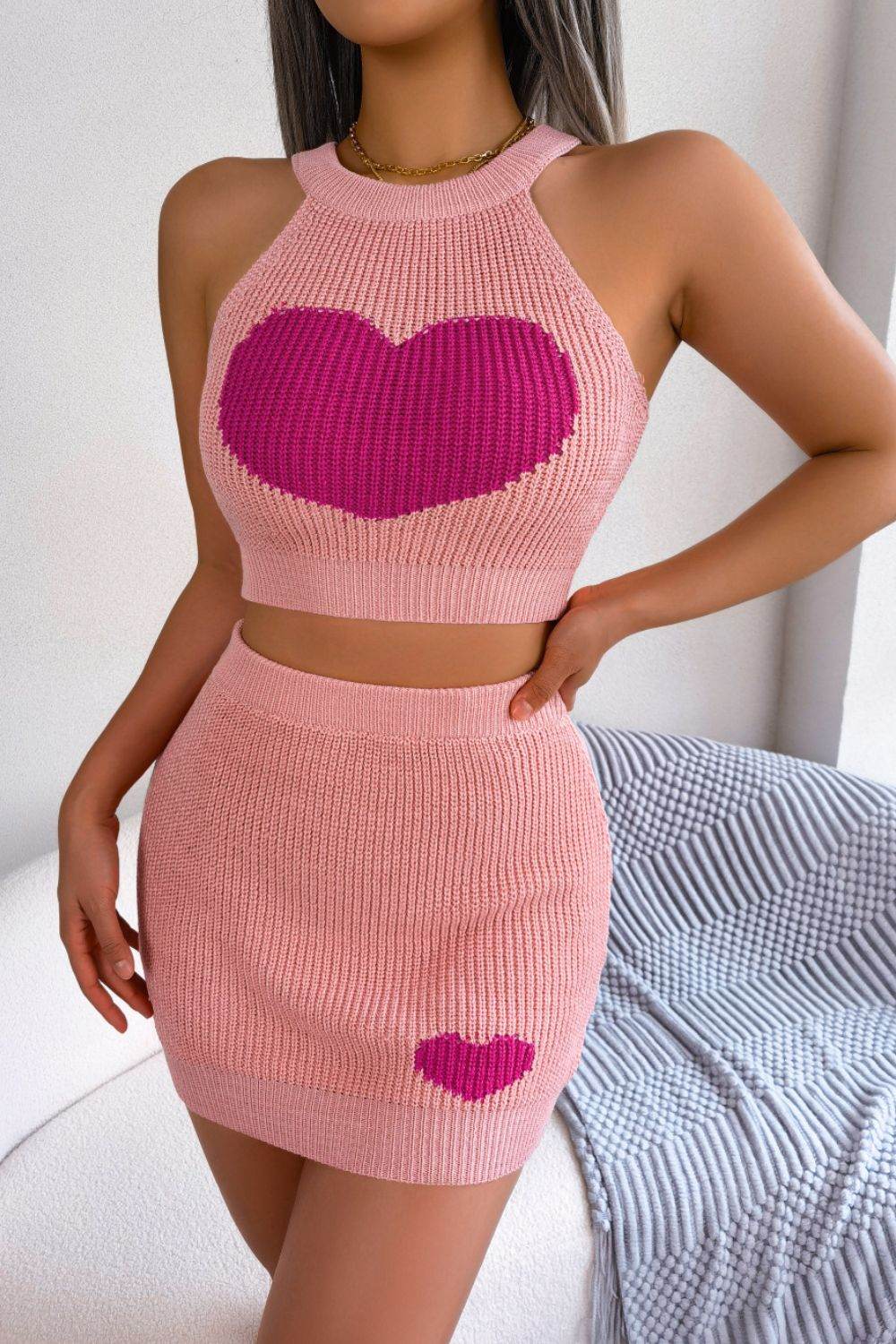 Heart Contrast Ribbed Sleeveless Knit Top and Skirt Set - Delanoir