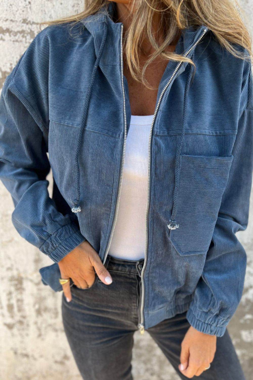 Pocketed Zip Up Long Sleeve Hooded Jacket - Delanoir