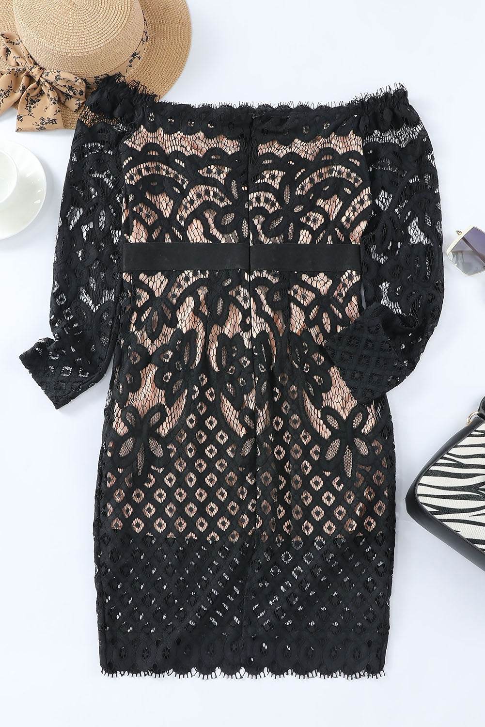 Off-Shoulder Long Sleeve Lace Dress - Delanoir