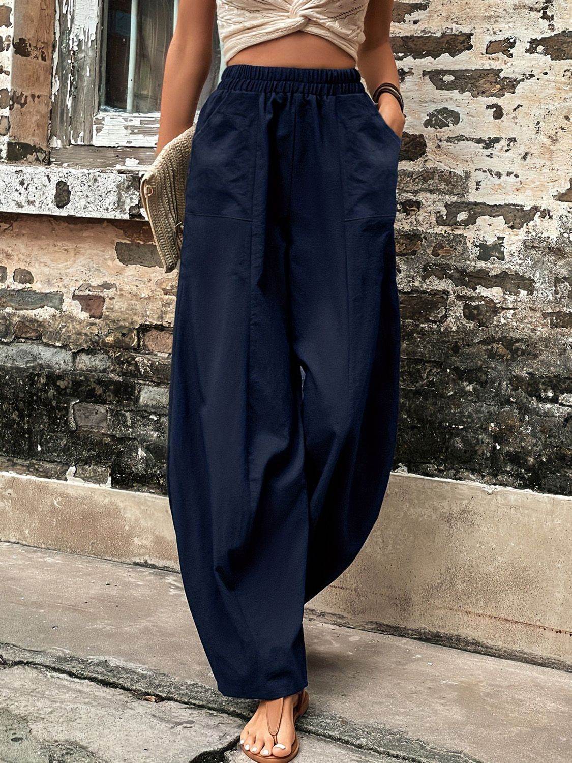 Elastic Waist Pants with Pockets - Delanoir