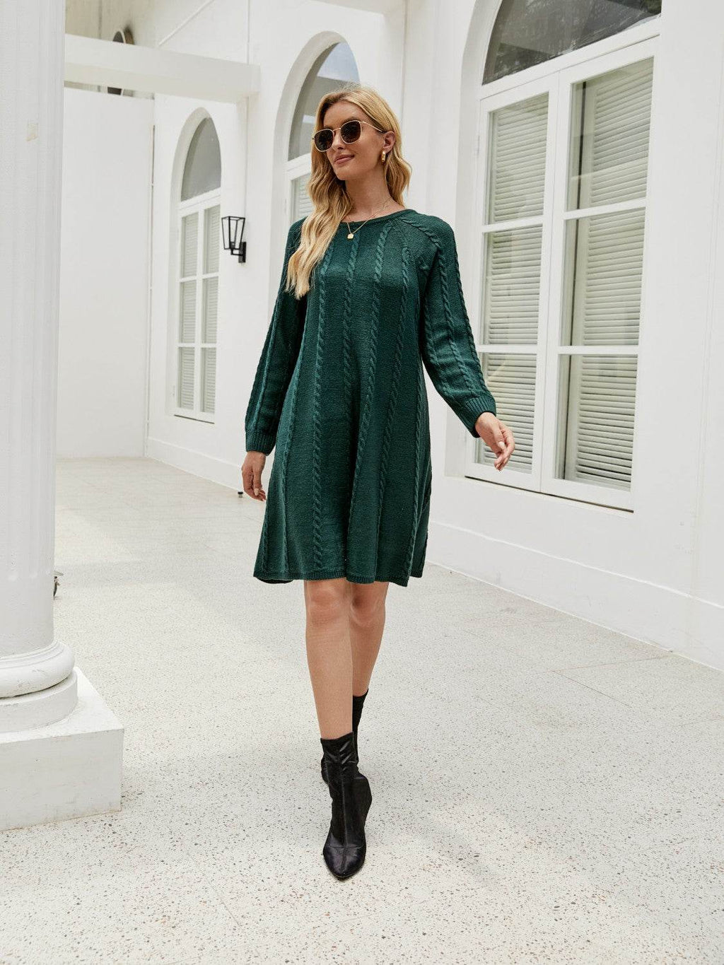 Cable-Knit Long Sleeve Sweater Dress - Delanoir