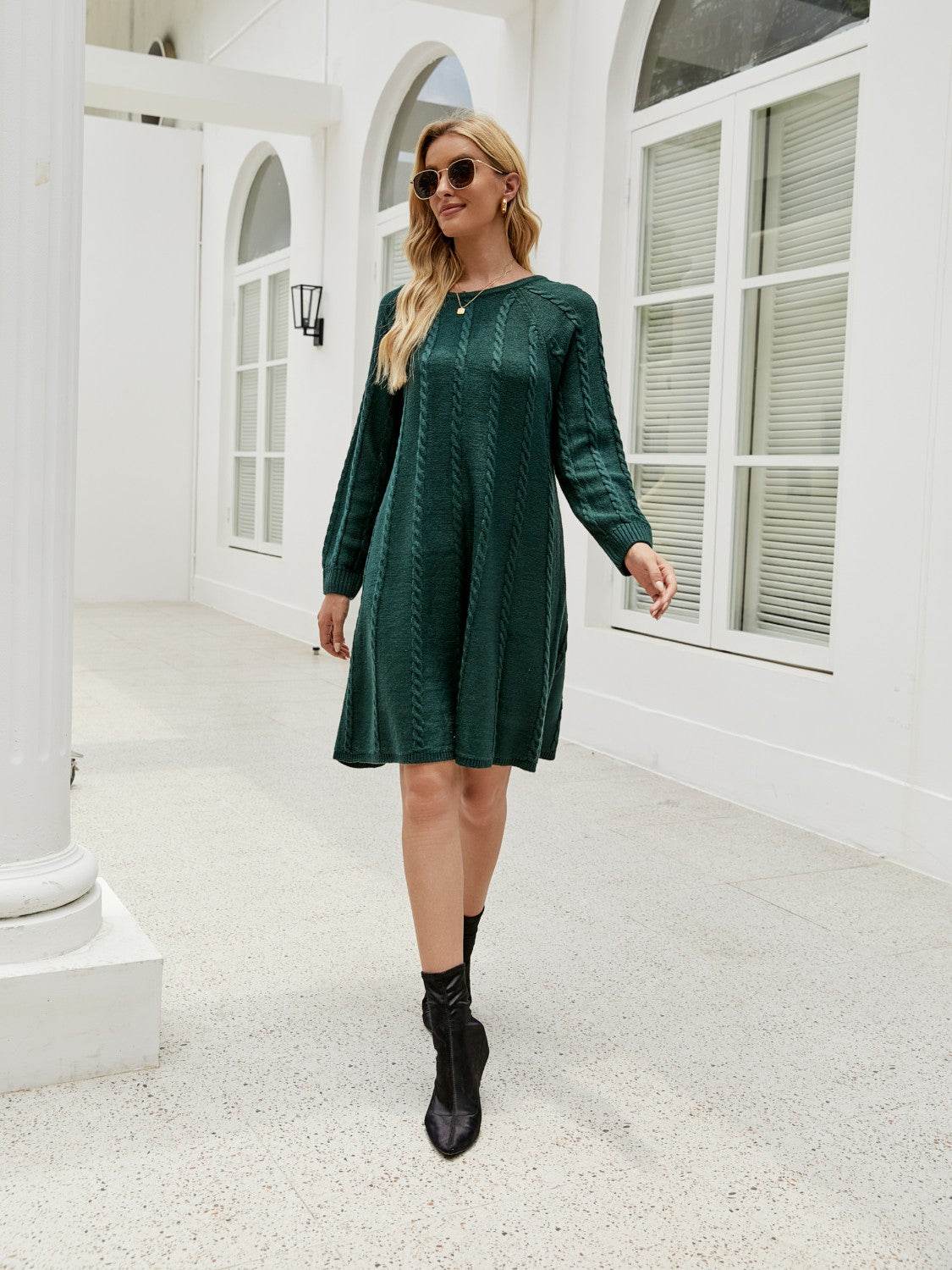 Cable-Knit Long Sleeve Sweater Dress - Delanoir