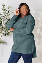 Basic Bae Full Size Ribbed Round Neck Long Sleeve Slit Top - Delanoir