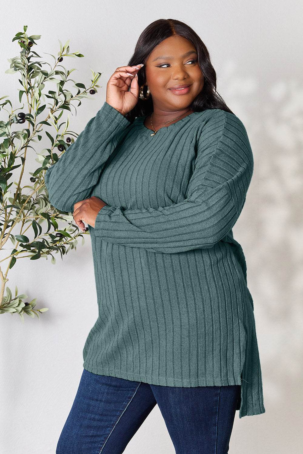 Basic Bae Full Size Ribbed Round Neck Long Sleeve Slit Top - Delanoir