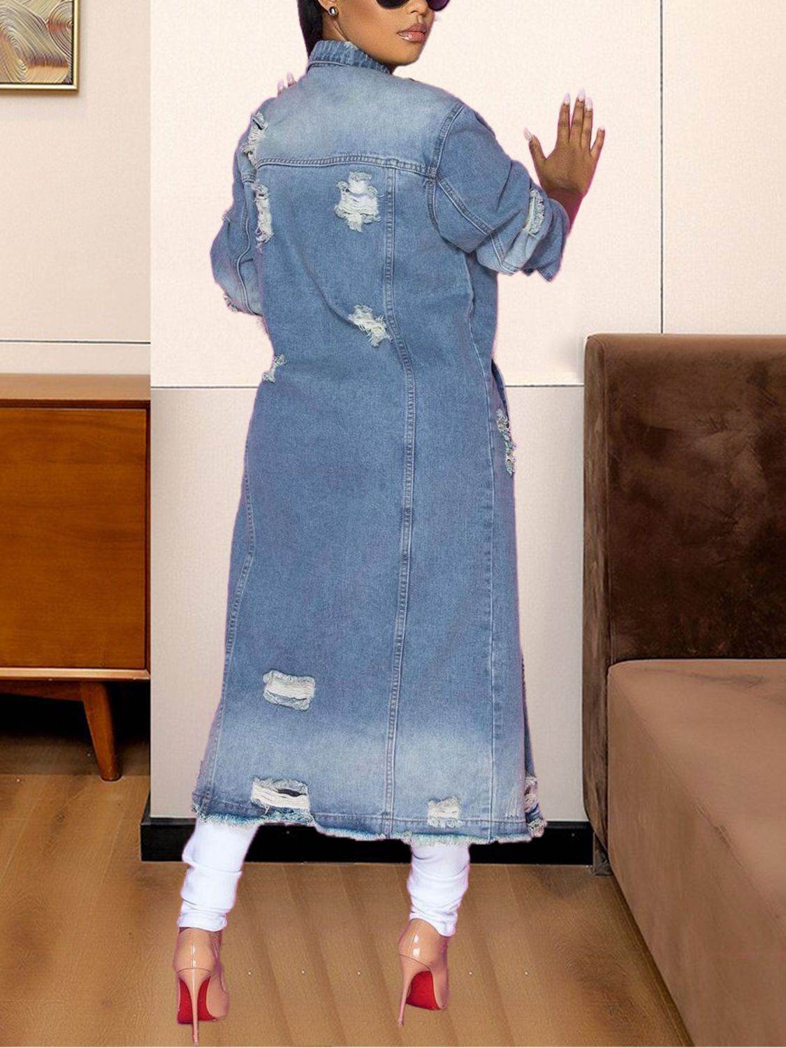 Long Sleeve Raw Hem Denim Jacket - Delanoir