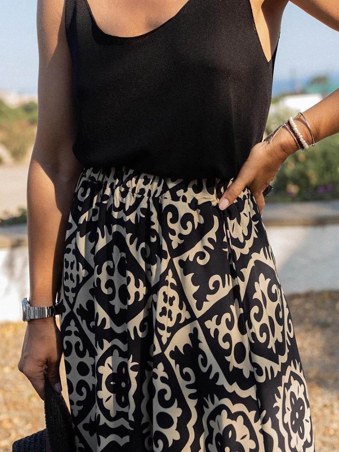 Geometric Elastic Waist Maxi Skirt - Delanoir
