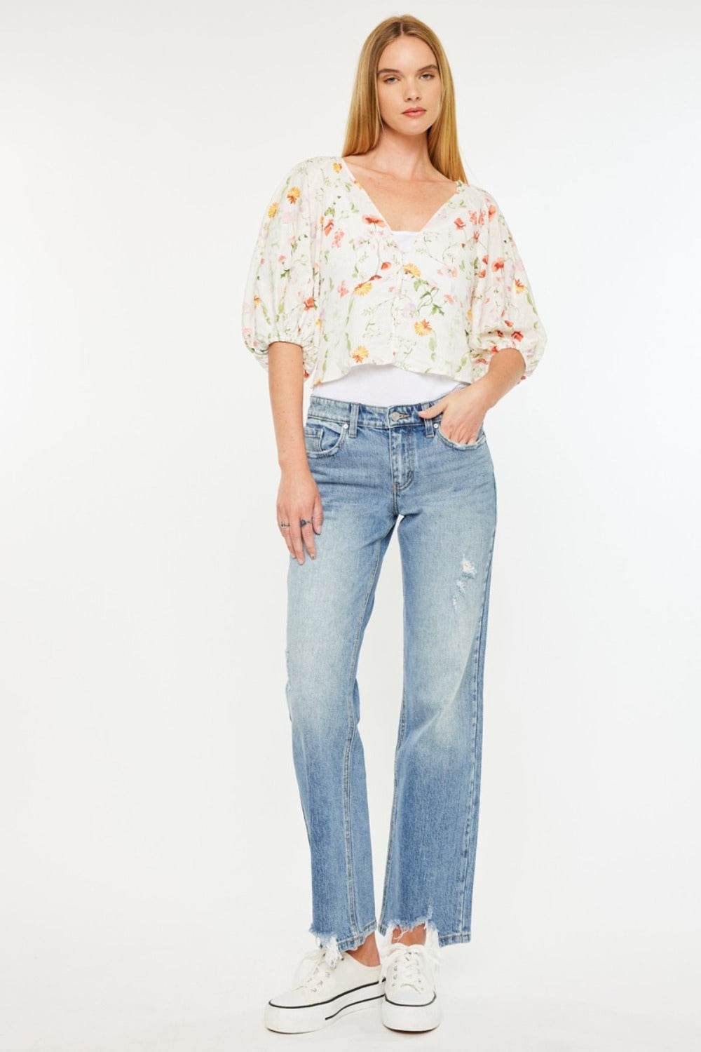 Kancan Mid Rise Frayed Hem Straight Jeans - Delanoir