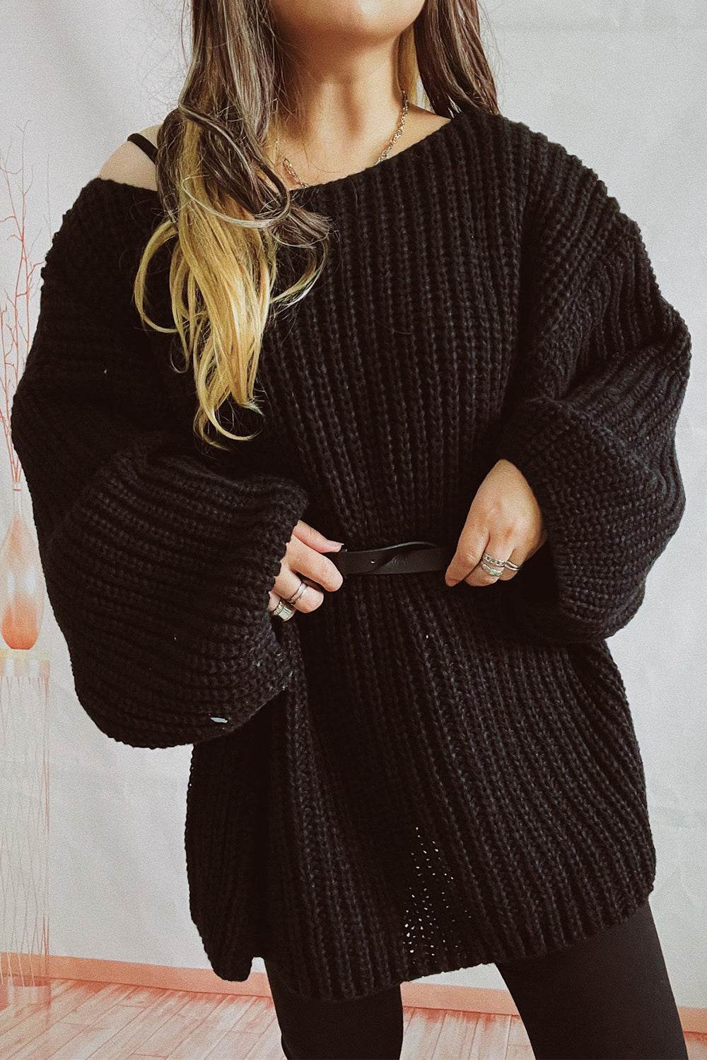 Boat Neck Dropped Shoulder Mini Sweater Dress - Delanoir