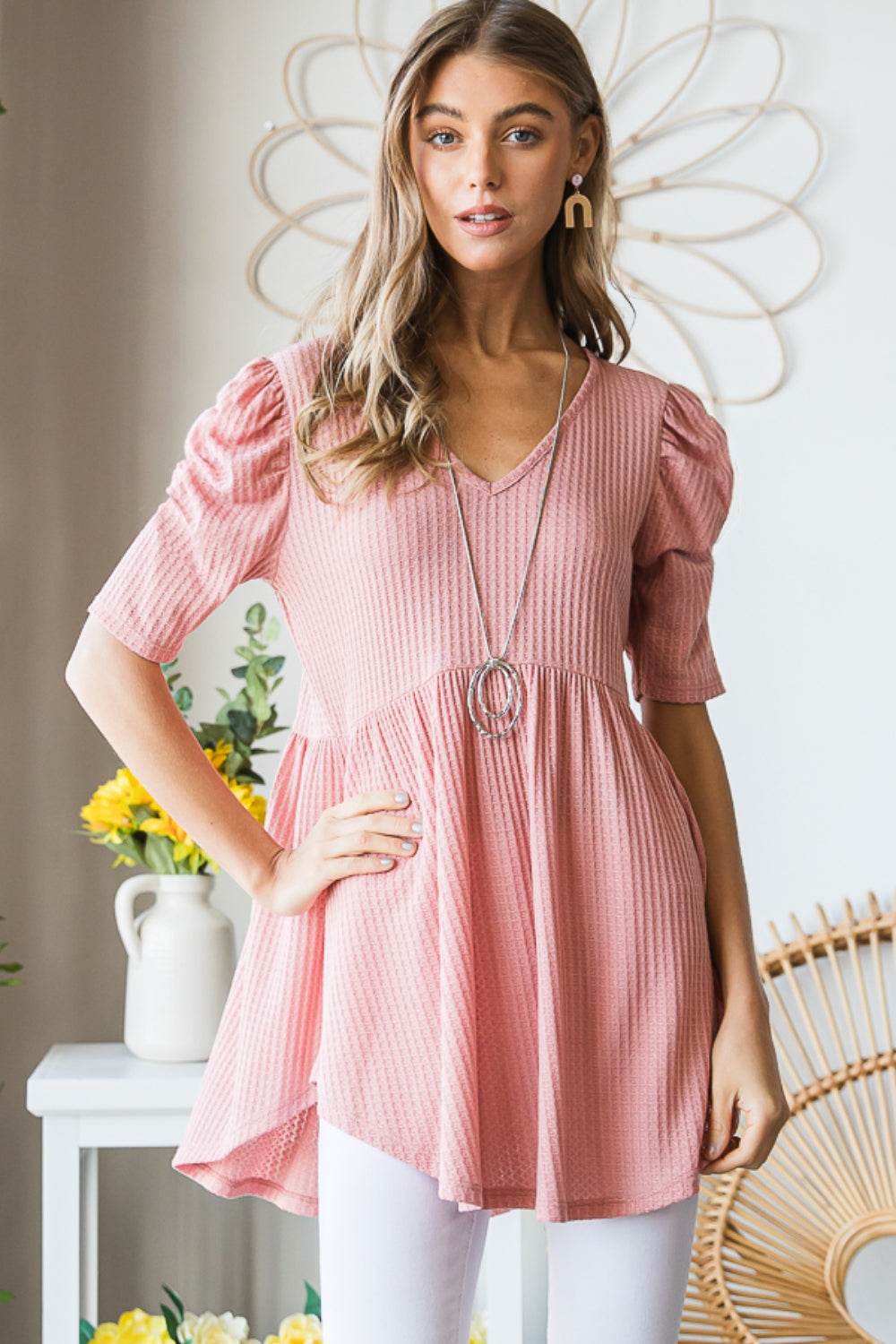 Heimish Full Size Waffle Knit V-Neck Babydoll Top - Delanoir