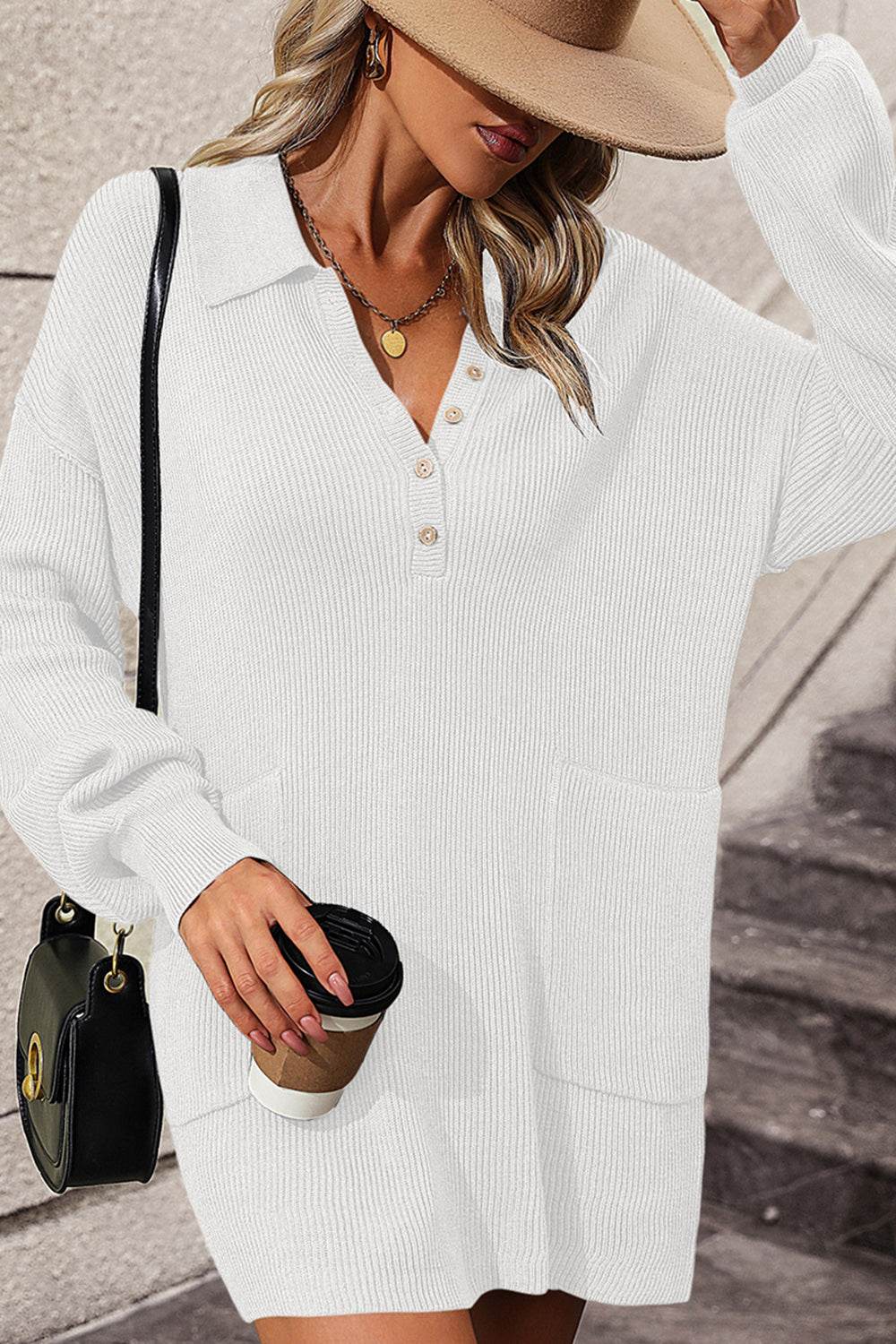 Collared Neck Long Sleeve Sweater Dress with Pockets - Delanoir