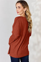 Basic Bae Full Size Ribbed Half Button Long Sleeve T-Shirt - Delanoir