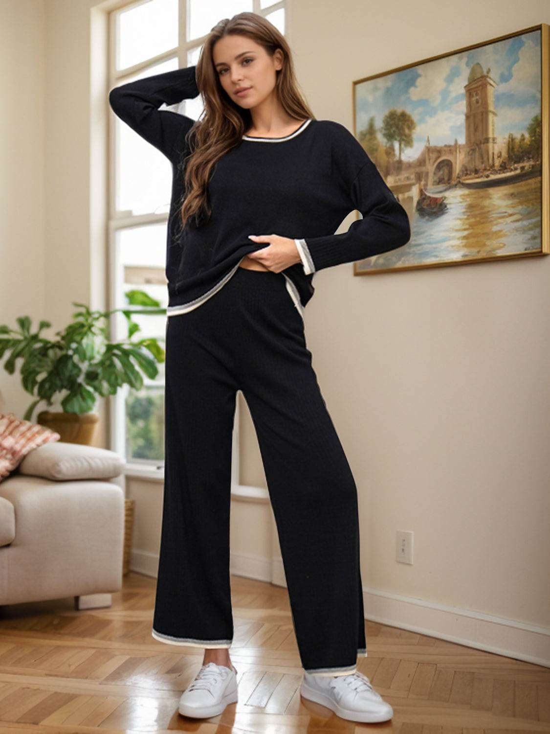 Contrast Trim Round Neck Top and Pants Sweater Set - Delanoir