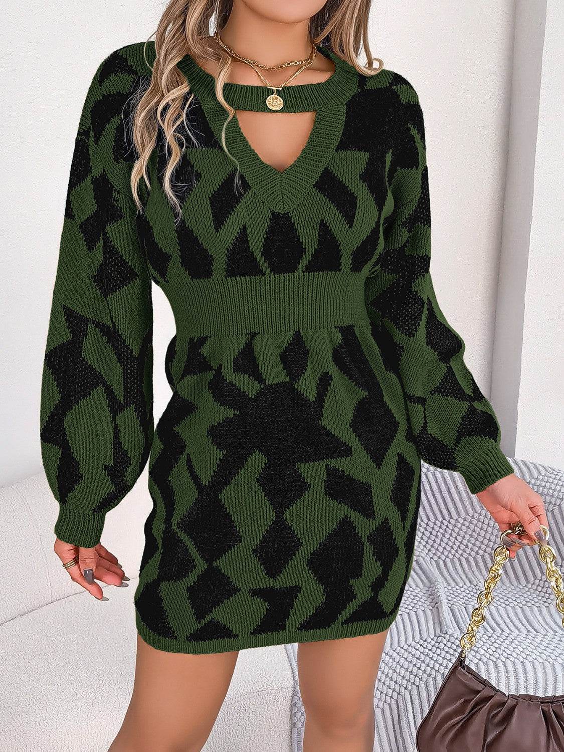 Contrast Round Neck Cutout Long Sleeve Mini Sweater Dress - Delanoir