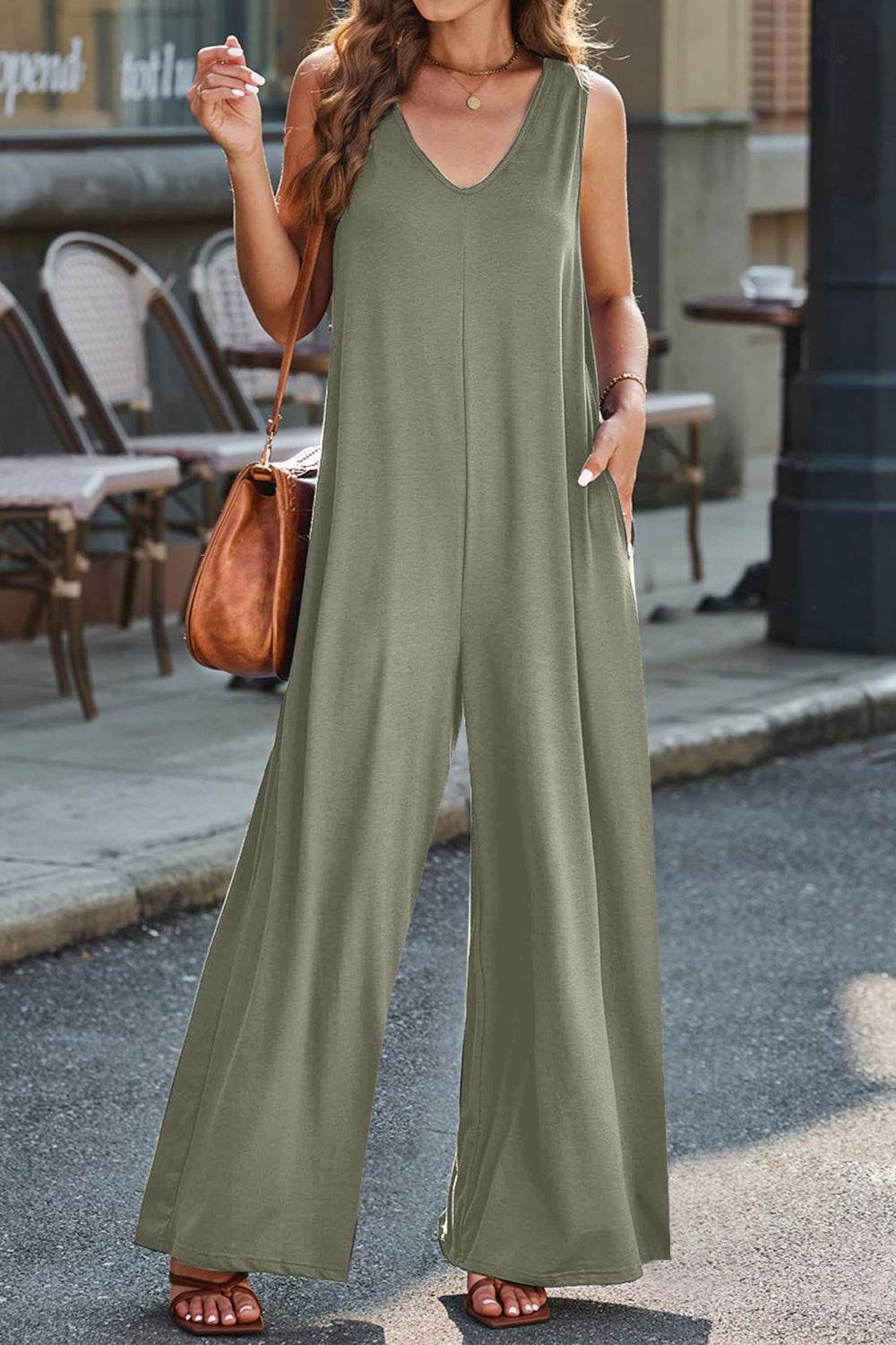 Full Size V-Neck Wide Strap Jumpsuit - Delanoir