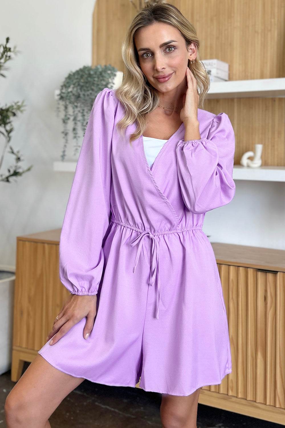 Double Take Full Size Drawstring Long Sleeve Romper - Delanoir