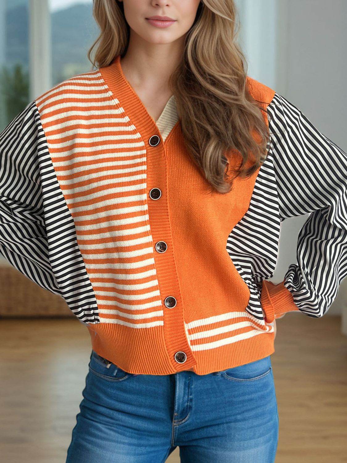 Striped Button Down Long Sleeve Cardigan - Delanoir