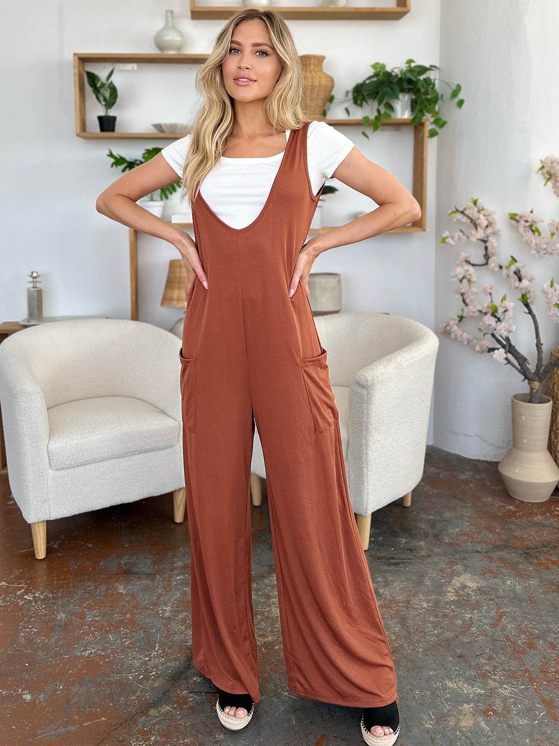 Double Take Full Size Sleeveless Wide Leg Jumpsuit with Pockets - Delanoir