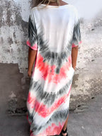 Full Size Pocketed Tie-Dye Short Sleeve Dress - Delanoir