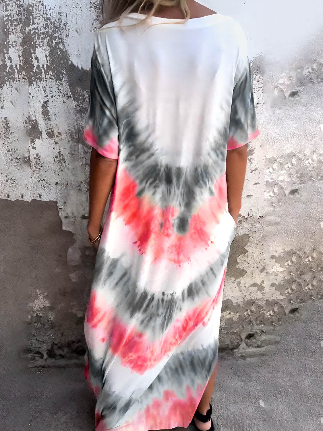 Full Size Pocketed Tie-Dye Short Sleeve Dress - Delanoir