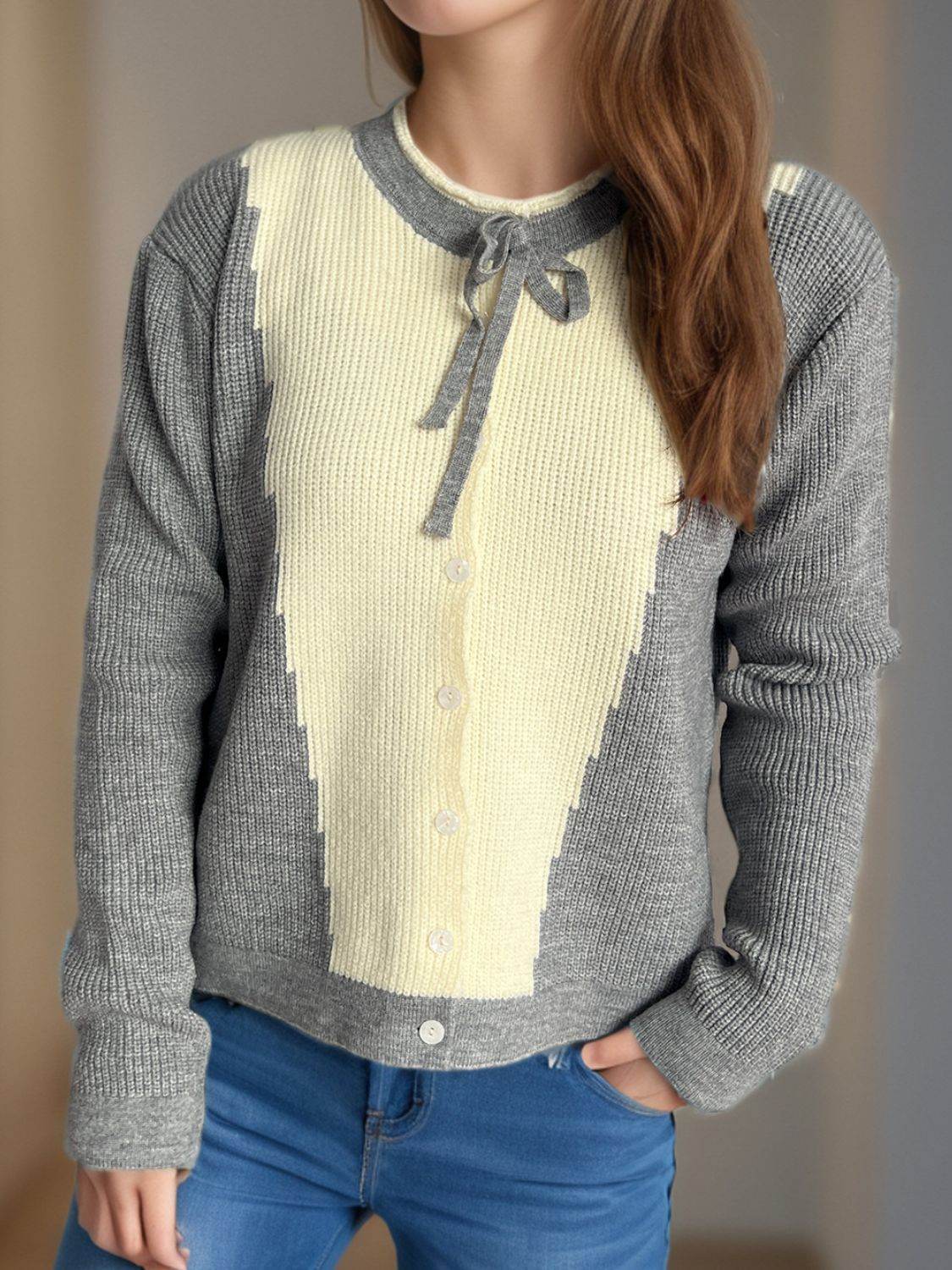 Contrast Button Down Long Sleeve Cardigan - Delanoir