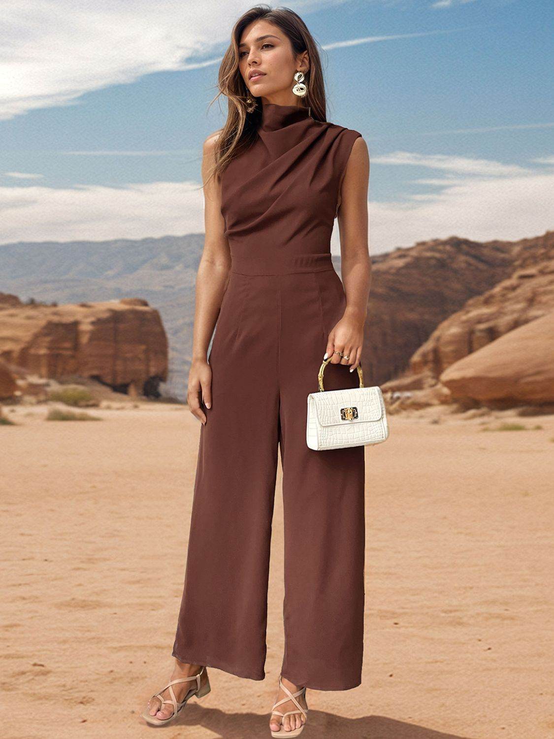 Perfee Ruched Mock Neck Sleeveless Jumpsuit - Delanoir