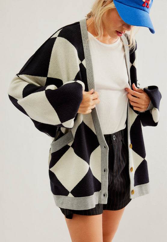 Color Block Button Down Long Sleeve Cardigan - Delanoir