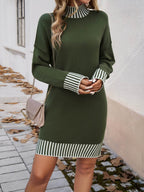 Devine Striped Mock Neck Long Sleeve Sweater Dress - Delanoir