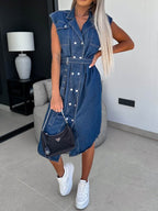 Collared Neck Cap Sleeve Denim Dress - Delanoir