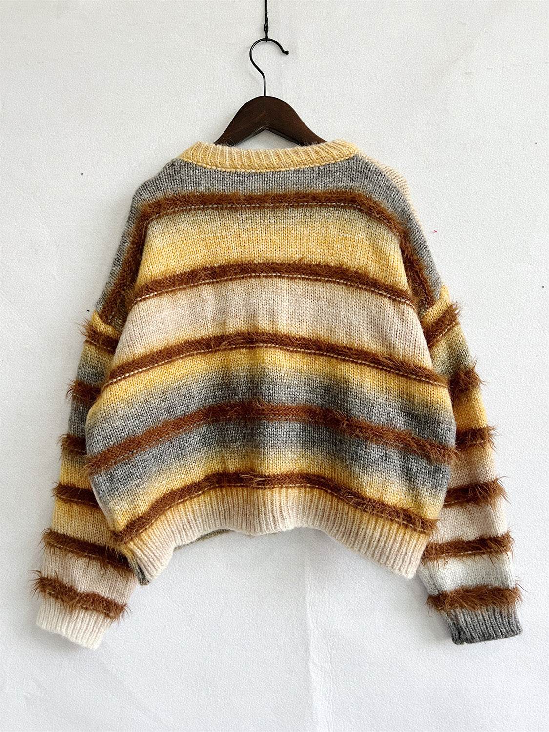 Striped Round Neck Long Sleeve Sweater - Delanoir