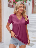 Double Take Ruched V-Neck Short Sleeve T-Shirt - Delanoir