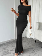 Devine Ruched Single Shoulder Short Sleeve Maxi Dress - Delanoir
