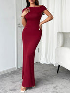 Devine Ruched Single Shoulder Short Sleeve Maxi Dress - Delanoir
