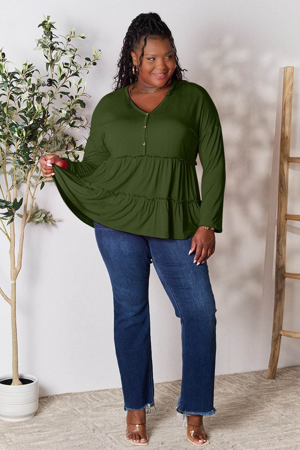 Double Take Half Button Long Sleeve Ruffle Hem Blouse - Delanoir