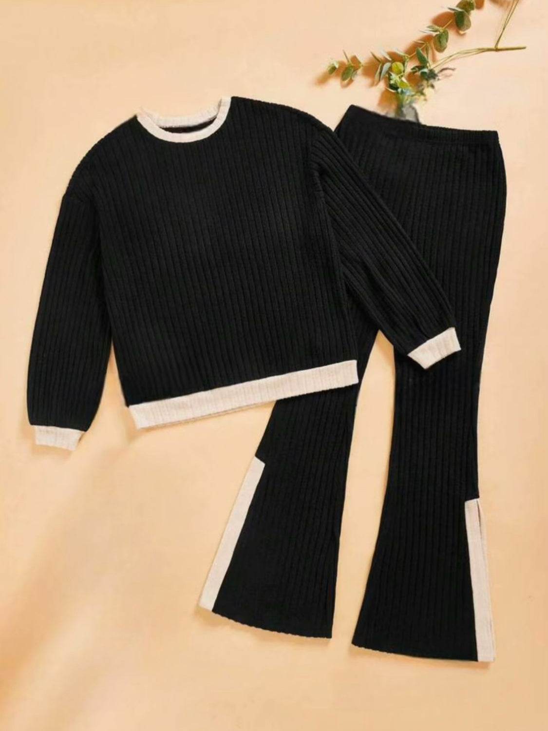 Contrast Round Neck Long Sleeve Top and Bootcut Pants Set - Delanoir