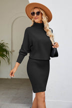 Ribbed Mock Neck Long Sleeve Dress - Delanoir