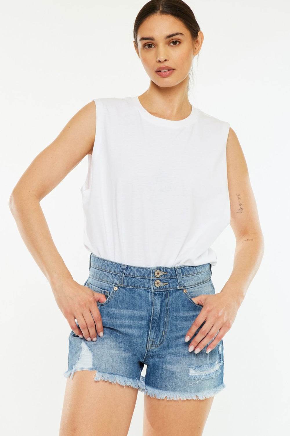 Kancan Full Size High Rise Raw Hem Denim Shorts - Delanoir