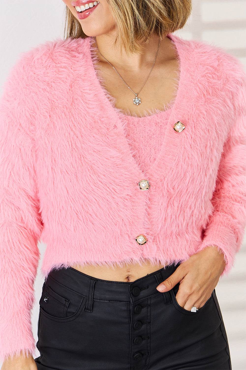 Scoop Neck Vest and Cardigan Sweater Set - Delanoir