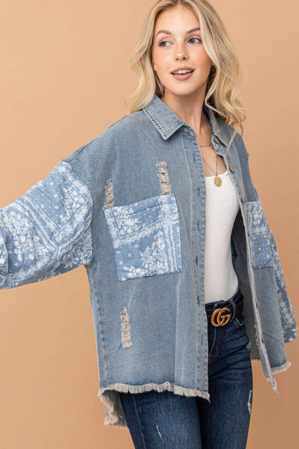 And The Why Full Size Paisley Print Quilted Sleeves Denim Jacket - Delanoir