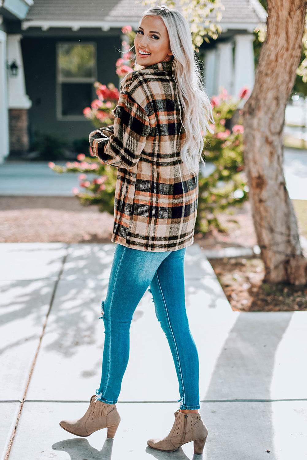Plaid Button Front Shirt Jacket with Breast Pockets - Delanoir