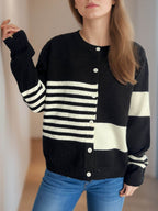 Striped Color Block Round Neck Cardigan - Delanoir