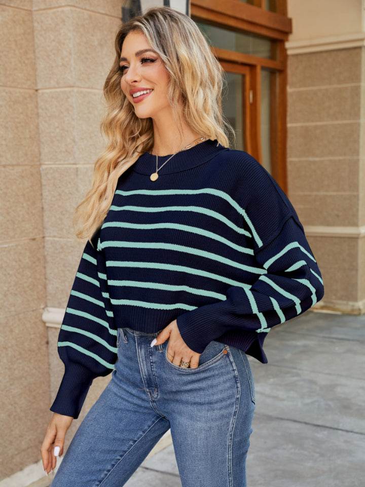 Round Neck Striped Lantern Sleeve Sweater - Delanoir