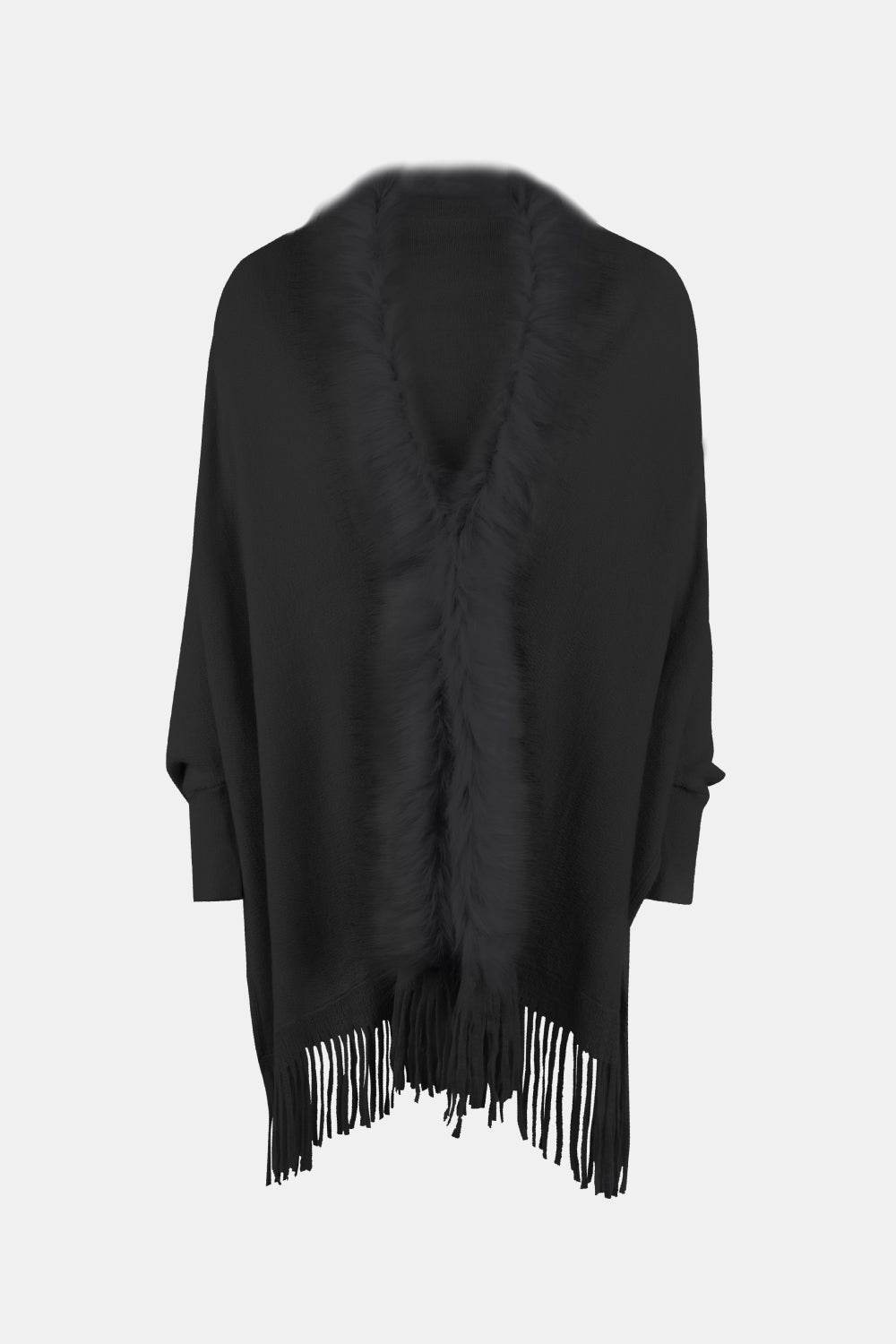 Fringe Open Front Long Sleeve Poncho - Delanoir