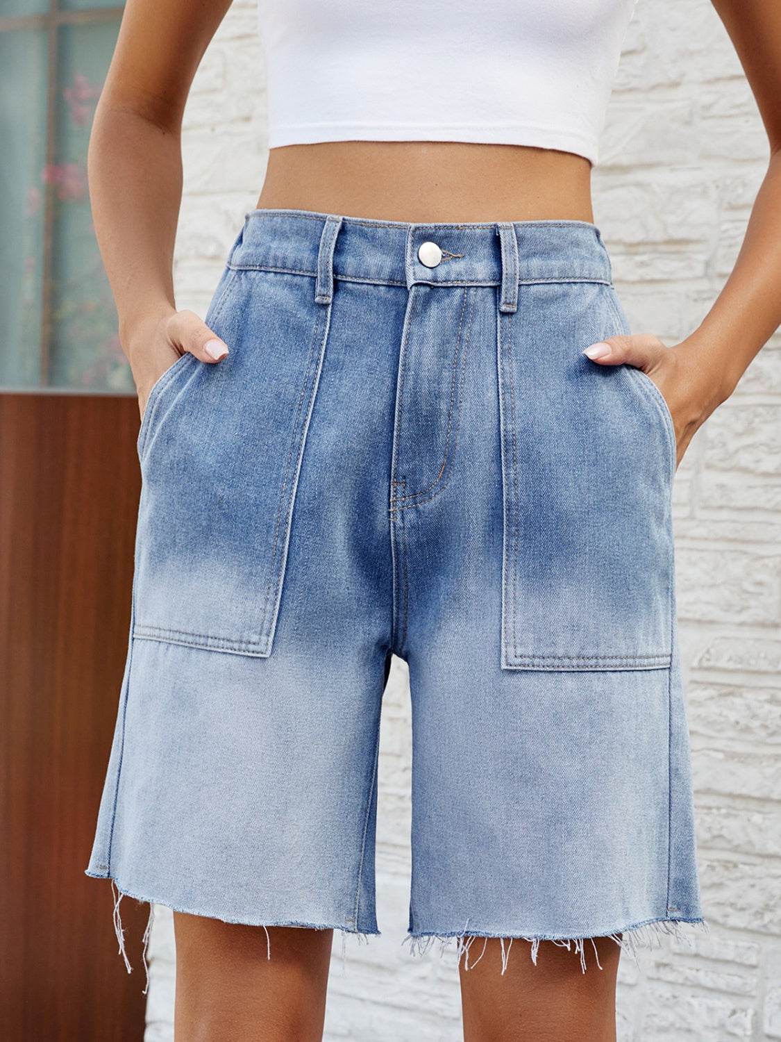 Buttoned Raw Hem Denim Shorts with Pockets - Delanoir