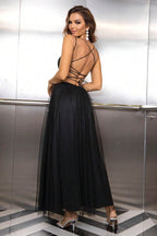 Lace-Up Backless Mesh Dress - Delanoir