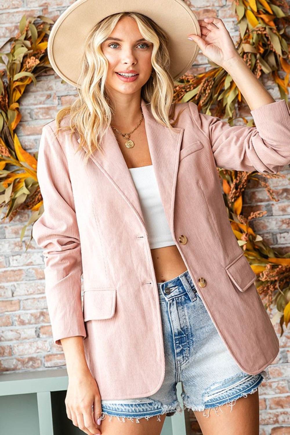 First Love Full Size Single-Breasted Flap Pocket Corduroy Blazer - Delanoir