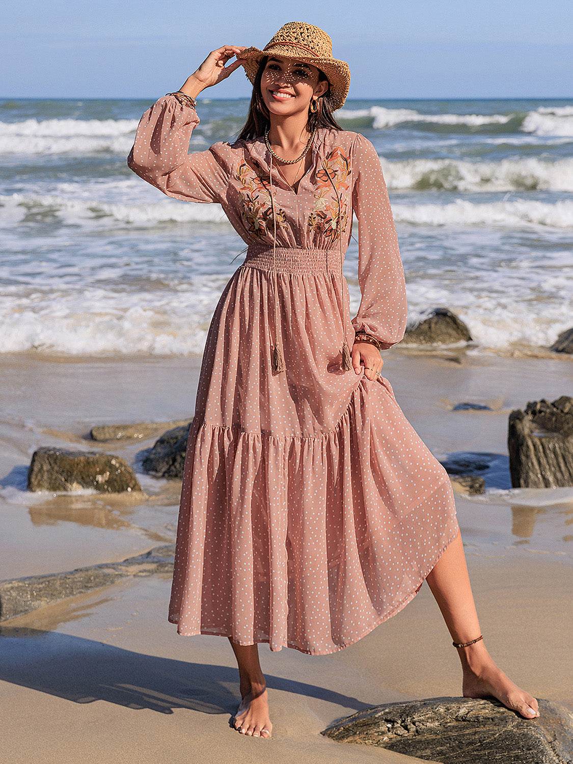 Embroidered Polka Dot Tie Neck Long Sleeve Midi Dress - Delanoir