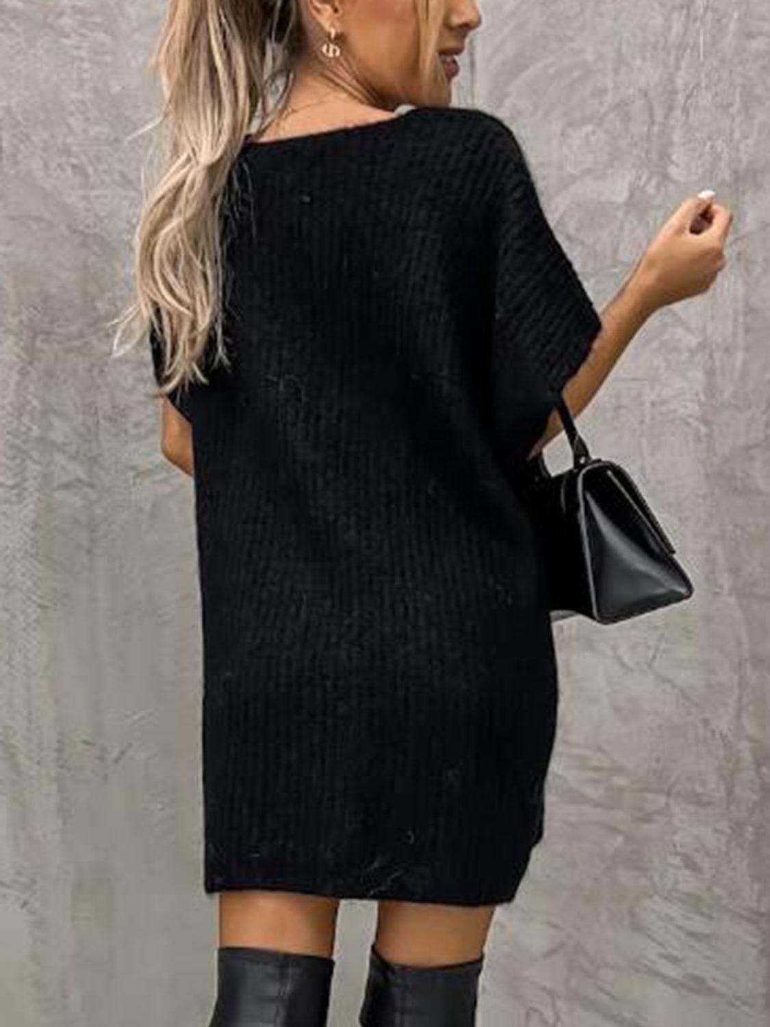 Short Sleeve Sweater Dress with Pockets - Delanoir