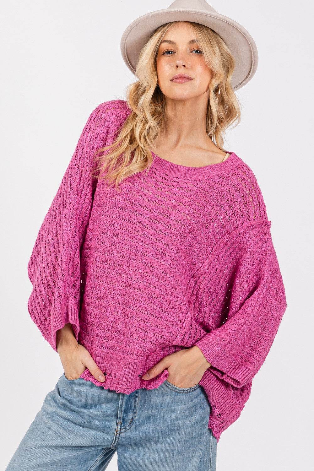 SAGE + FIG Distressed Asymmetrical Open Stitch Sweater - Delanoir