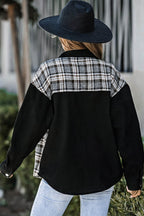 Plaid Pocketed Button Up Denim Jacket - Delanoir
